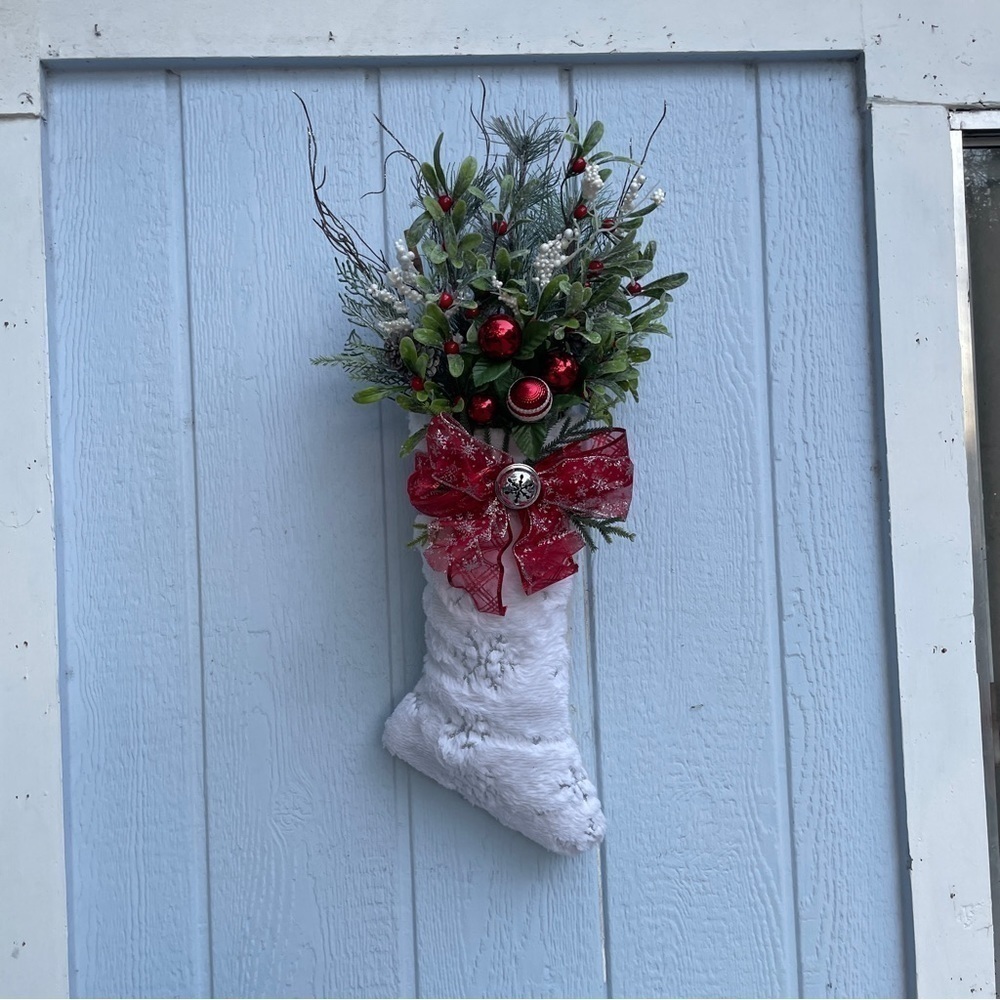 Handmade Christmas holiday door hanger stocking Wreath